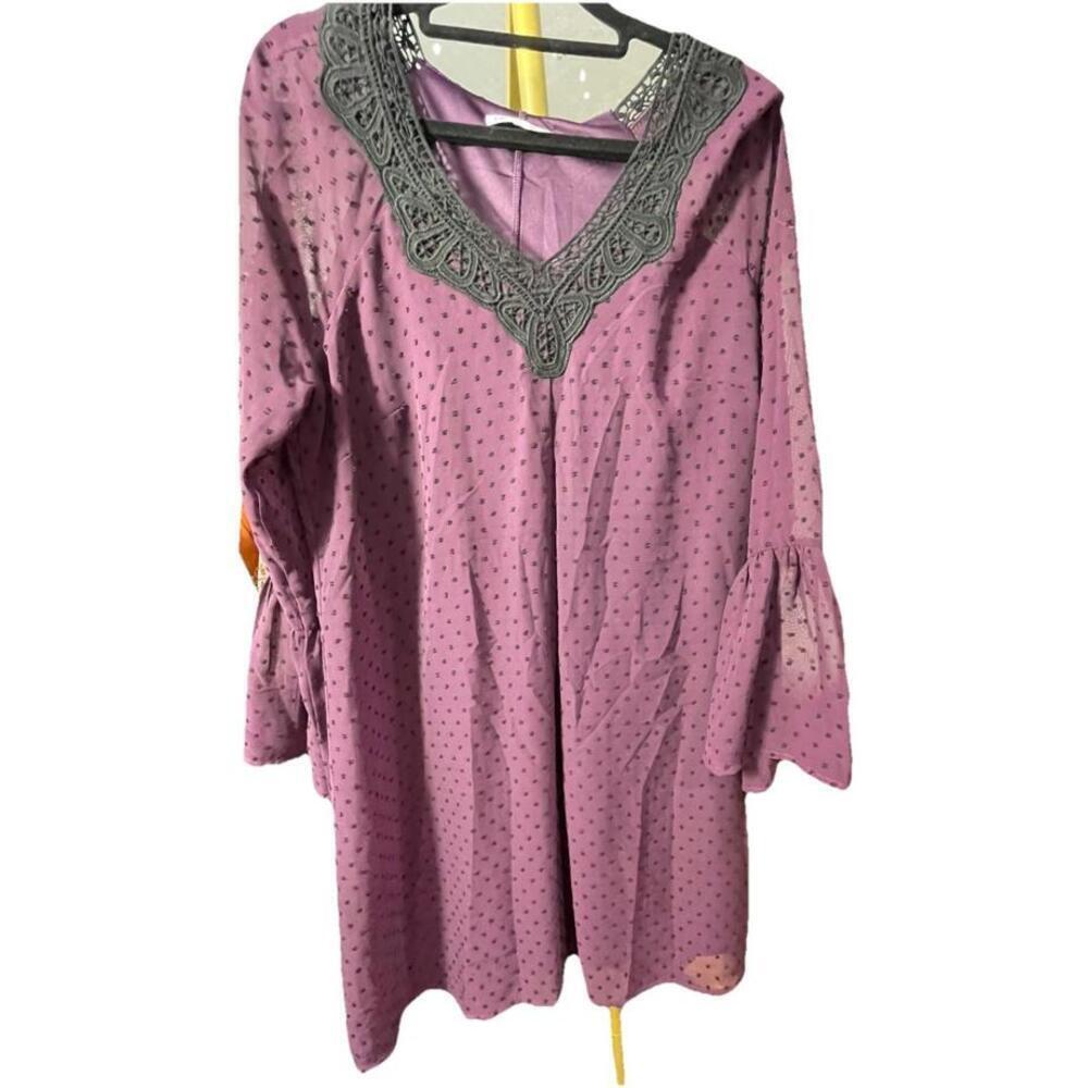 DR2 By Daniel Rainn Women's Lace Trim Bell Sleeve Purple Dress Sz Petite Med